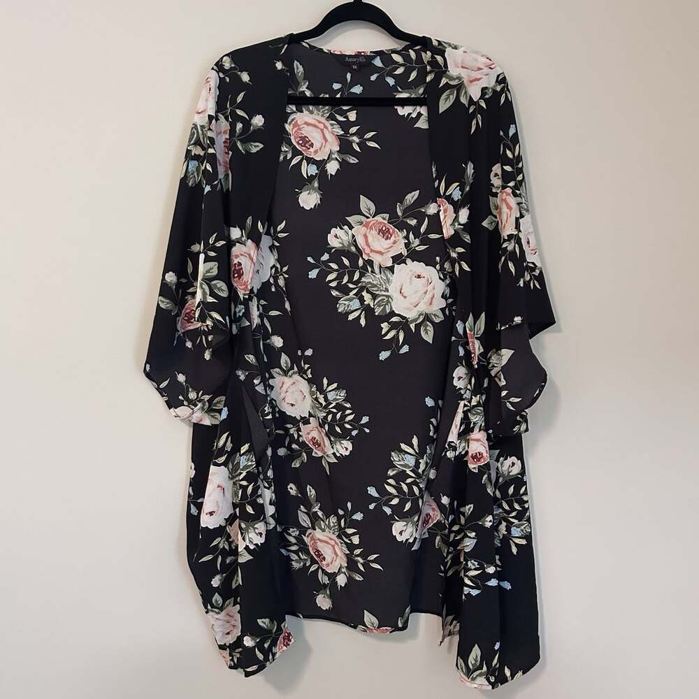 Amaryllis Women’s 1X Black Flower Garden Kimono Cardigan Shrug Lightweight Boho